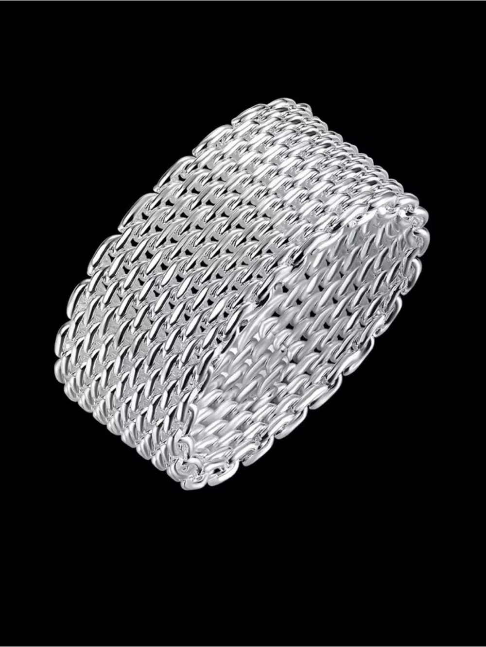 Size 7 Sterling Silver Wide Mesh Stretch Ring - 925 Sterling Silver